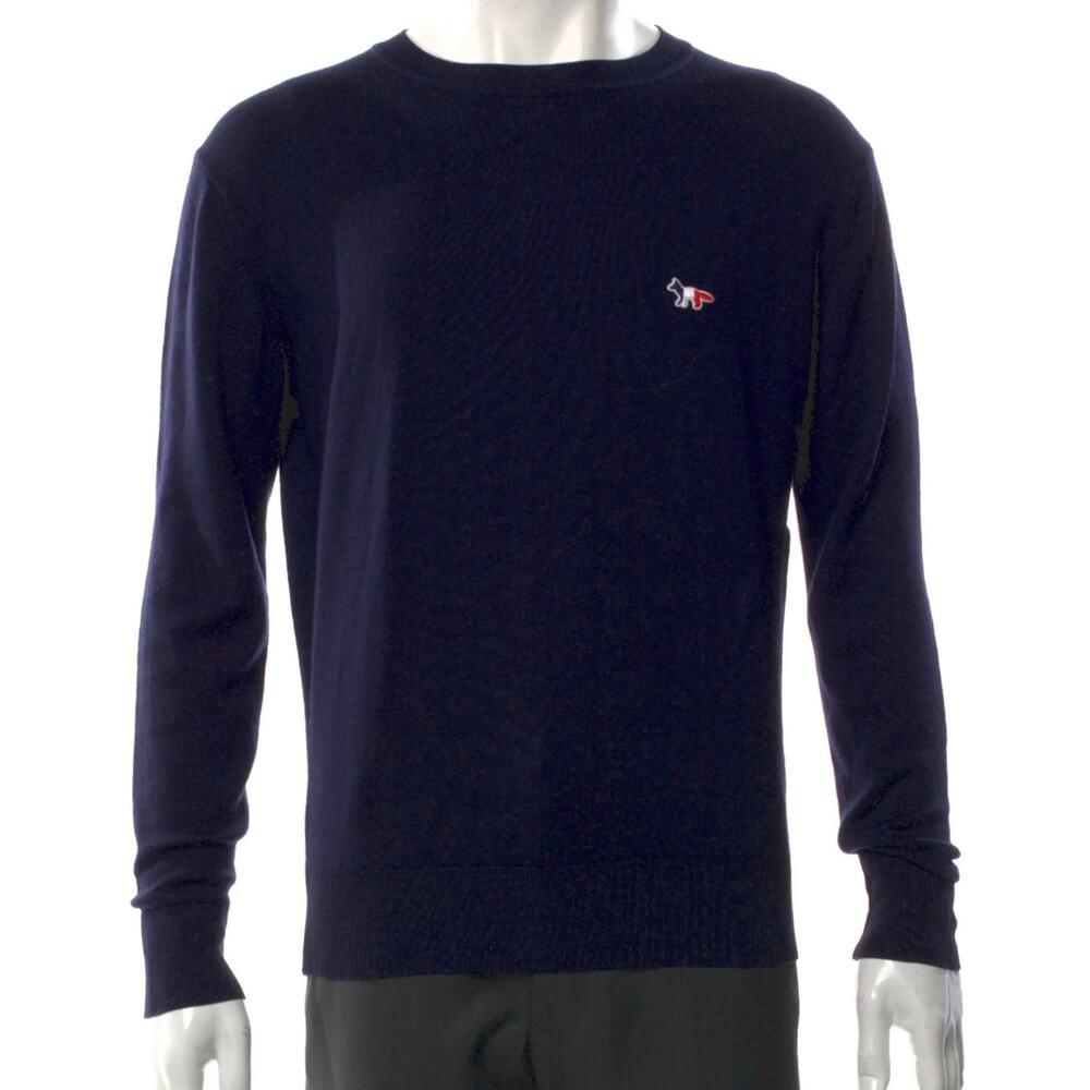 Maison Kitsuné Wool Tricolor Fox Patch‎ Crewneck Sweater Navy Men’s Medium